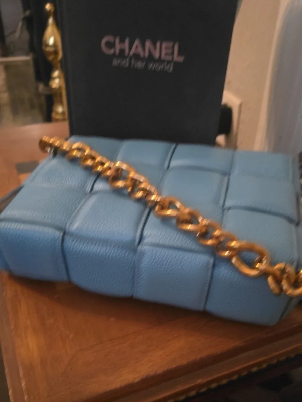 Quilted Light Blue Leather Crossbody with Gold Chain Accent